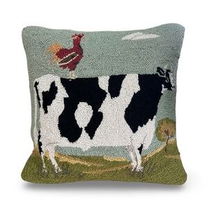 Hooked Rug Farmhouse Cow and Rooster Throw Pillow Folk Art Heirloom Classic